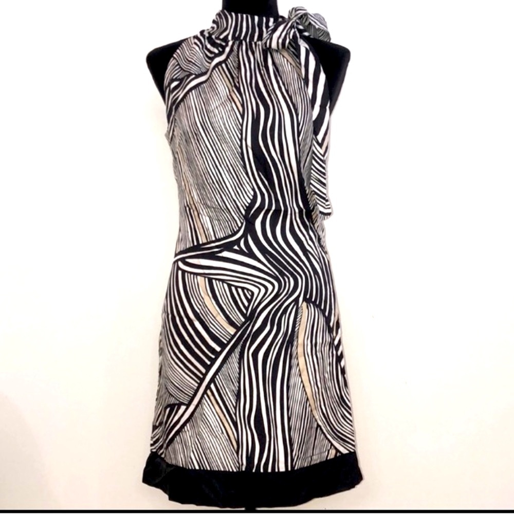 100% SILK Zebra Print White House Black Market Tie Neck Mini Dress